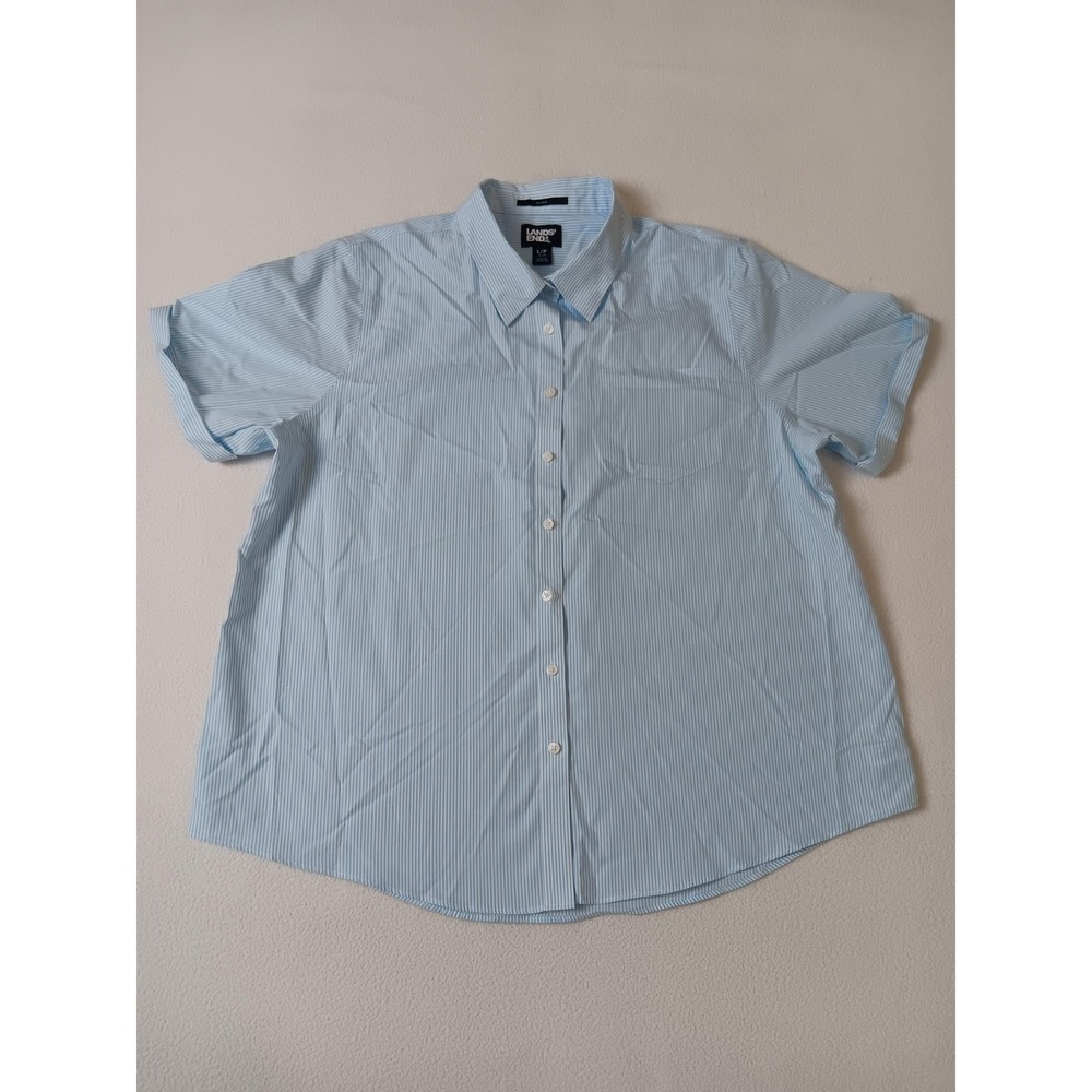 Lands' End Men's Size L Short Sleeve Button Down Shirt Blue Striped Cotton
